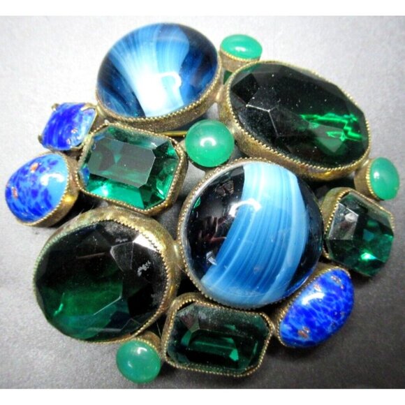 ORIGINAL BY ROBERT Massive Blue & Green Glass Vintage Pin Brooch - Picture 1 of 7